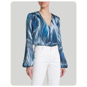 !! Santorelli Alexia Long Sleeve Celeste Multi Blue Buttoned Blouse sz 40